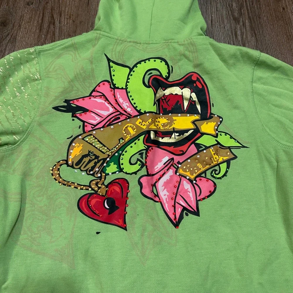 Y2K Cyber Grunge Lime Green Zip Up Ed Hardy Style Love Sick Size - Picture 6 of 6